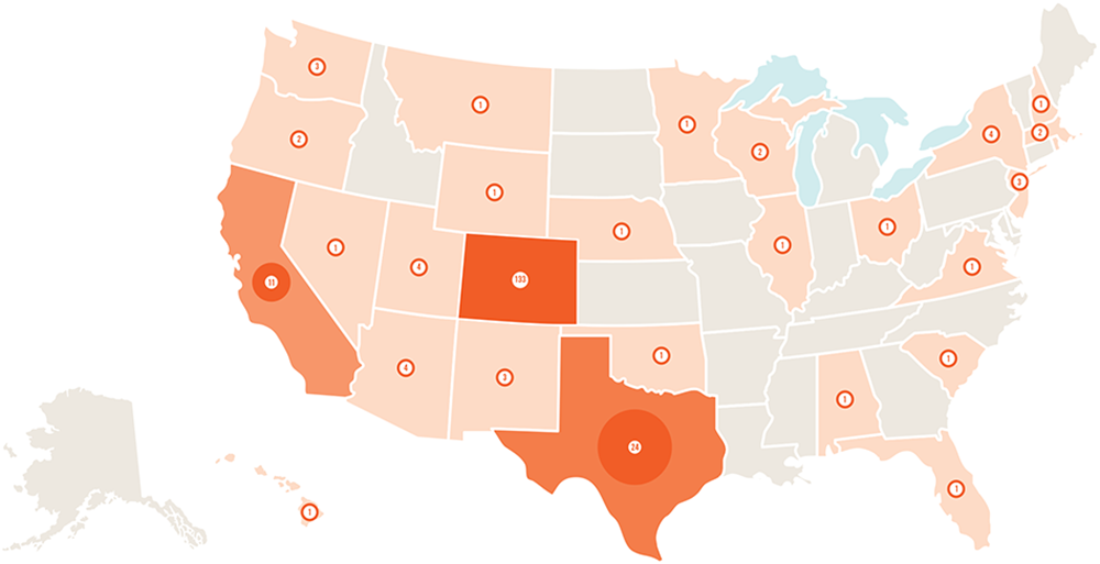 US map of jobs accepted by Mines graduates